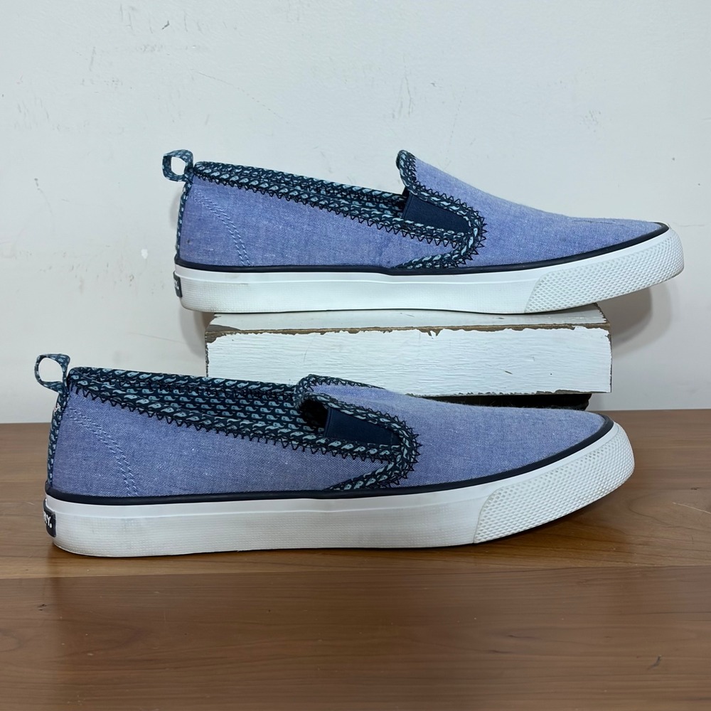 Sperry Vineyard Vines Crest Vibe Blue Chambray Whale Slip On Sneakers STS83272 8